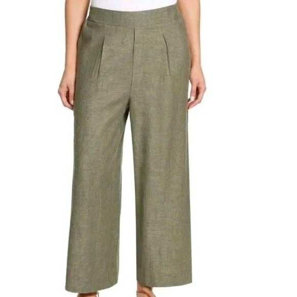 Ella Moss Women's Pants Size M Green Pull On Pockets Pleated Linen Wide Legs - Picture 1 of 6